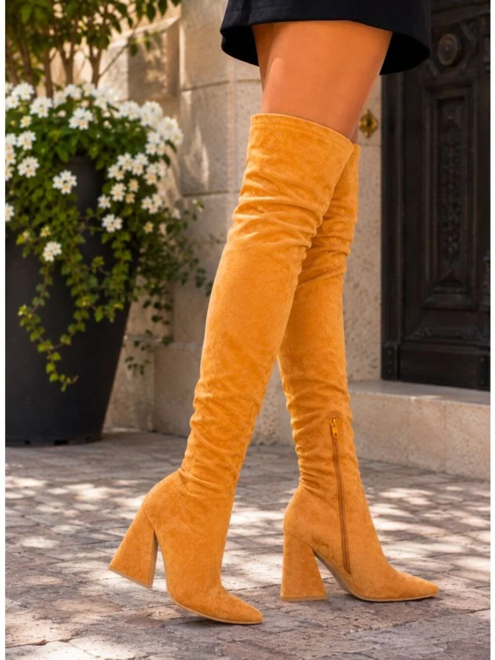 Tan Over-The-Knee Heeled Boots With Side Zipper Closure Pointed Toe & Block Heel